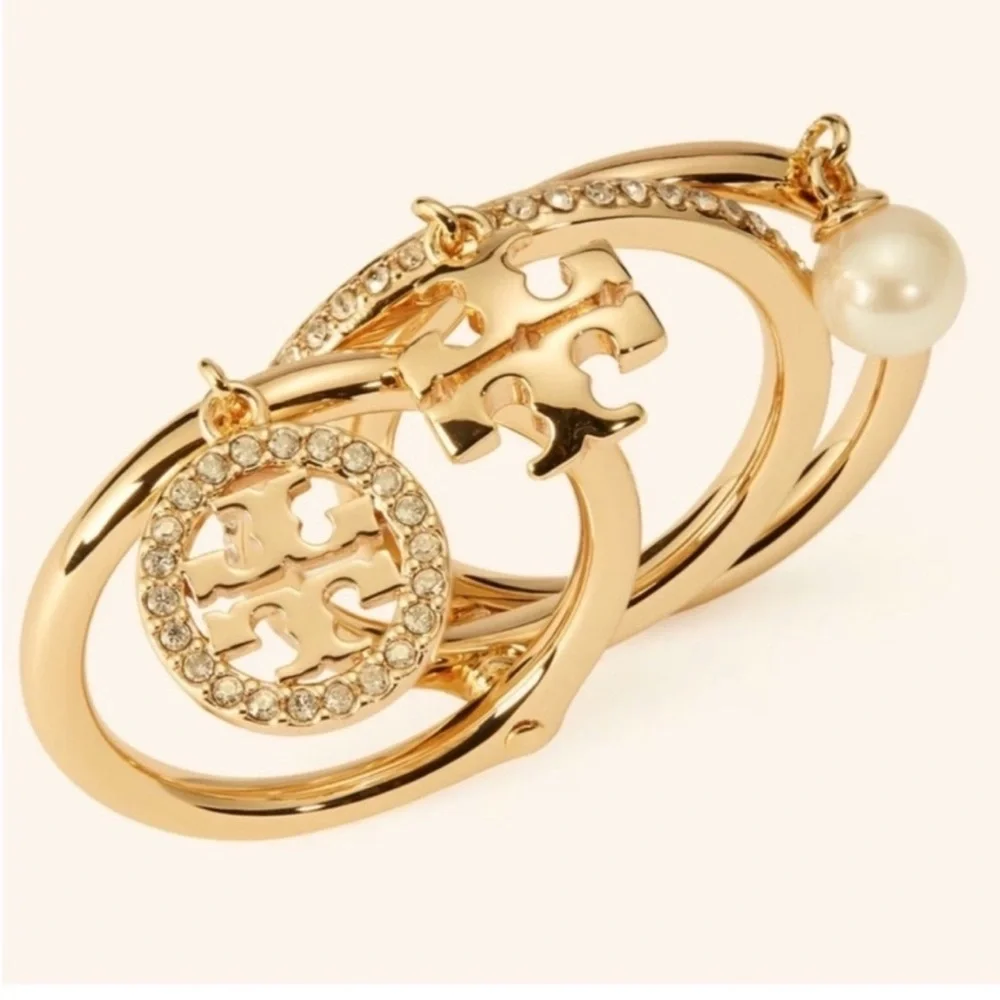 Tory Burch Miller Pave Charm Stack Ring Gold NWT $148